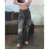 Retro High-waisted Broken Holes Plus Size Jeans Women's Spring and  Autumn Loose Straight Wide-leg Pants Design Sense Drag Pants