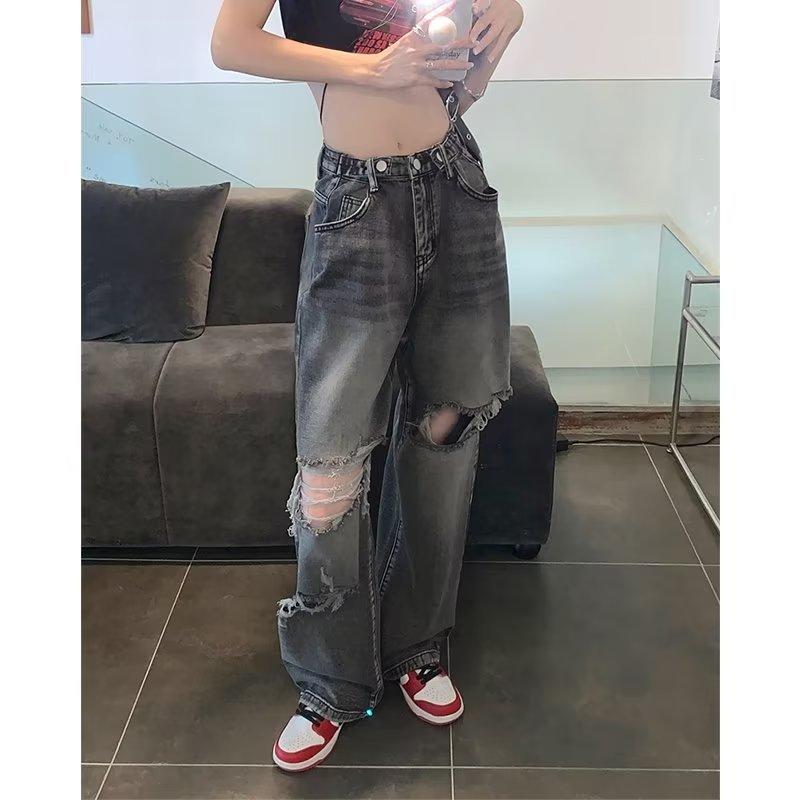 Retro High-waisted Broken Holes Plus Size Jeans Women's Spring and  Autumn Loose Straight Wide-leg Pants Design Sense Drag Pants