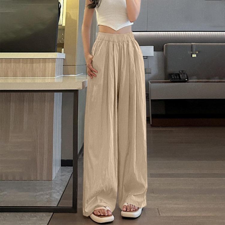 Ice Silk Womens Casual Wide Leg Pants Loose Solid Color Wrinkled