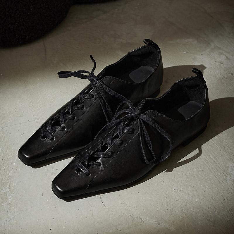 Fashion 2025 Hot Sale Fashion Low Heel Lace Up Genuine Leather Pumps Women Daily Walk Flats Young Girls Casual Spring Autumn Black Shoes