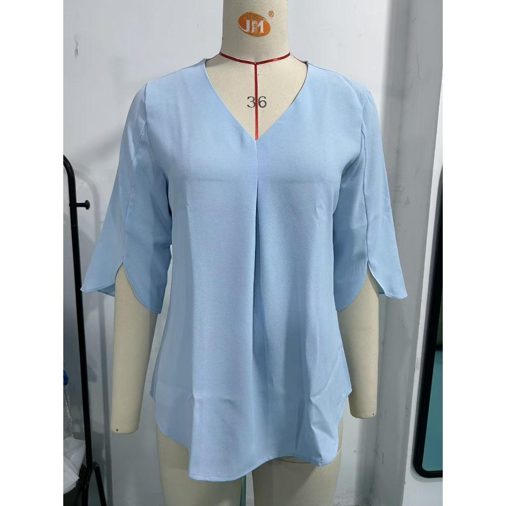 Women's V Neck 3/4 Split Sleeve Blouse Loose Fit Front Pleated Detail Casual Solid Chiffon Top