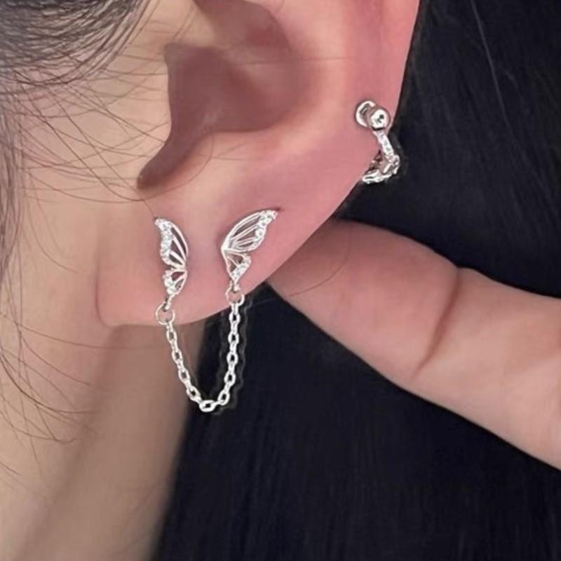 Tiny Sweet Tassel Butterfly Stud Earrings for Women Simple Korean Double Ear Hole Tassel Chain Earring Party Jewelry