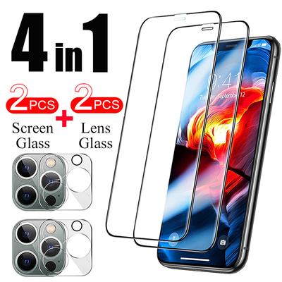 4 In 1 = 2 Pcs Lens Glass + 2 Pcs Screen Glass 3D Camera Len Full Screen Protector For iPhone 14 11 12 13 Pro Max Mini Plus Tempered Glass Protective