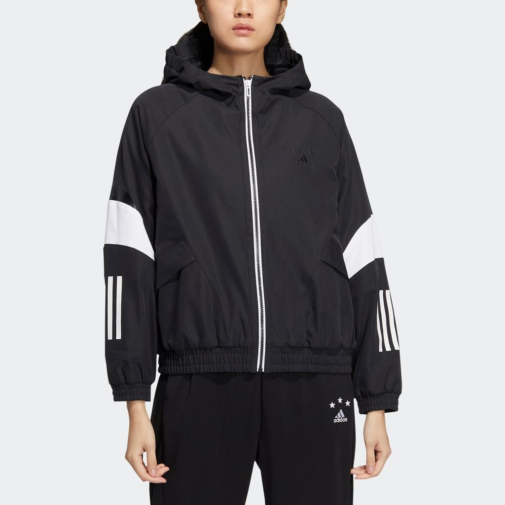 adidas Women'ss Logo Embroidered Striped Woven Jacket Black HY2811