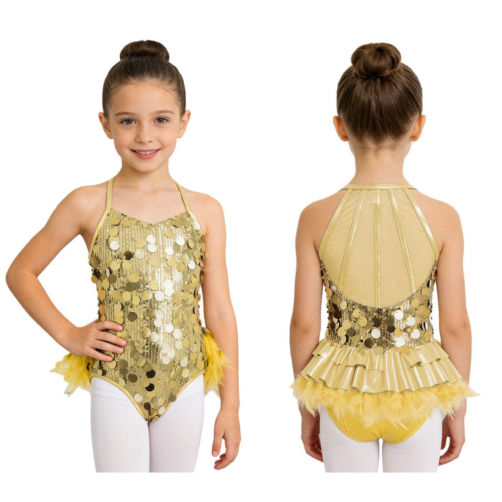 Kids Girls Dance Performance Costume Sleeveless Side Invisible Zipper Back Mesh Patchwork Feather Glittery Sequin Leotard