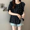 Bow Print Loose Top Women's Summer New Pleated Short Sleeved Shirt Korean Series