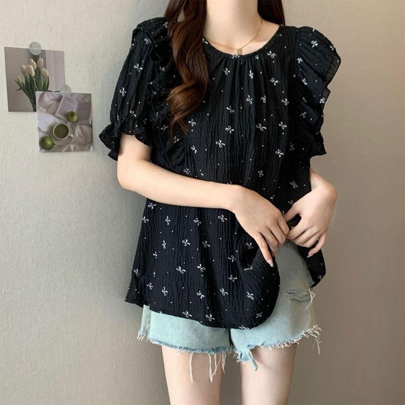 Bow Print Loose Top Women's Summer New Pleated Short Sleeved Shirt Korean Series