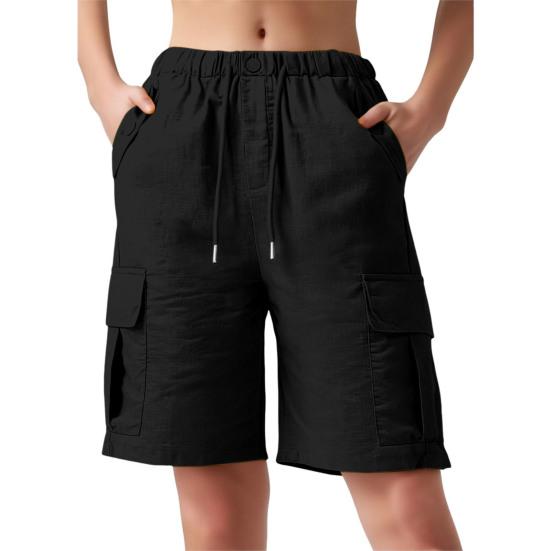 Women Cargo Shorts Drawstring Design High Waisted Loose Fit Hiking Shorts with Functional Deep Pockets Outdoor Activities Casual