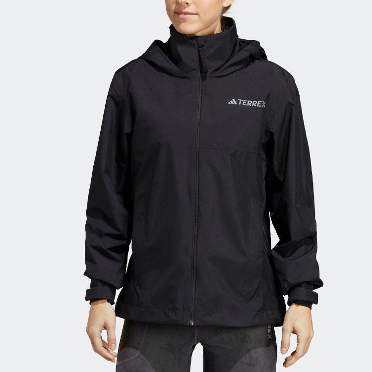 Adidas Unifarbener Logo-bestickter wasserdichter Windbreaker mit Kapuze Damen Oberbekleidung Schwarz HN5460