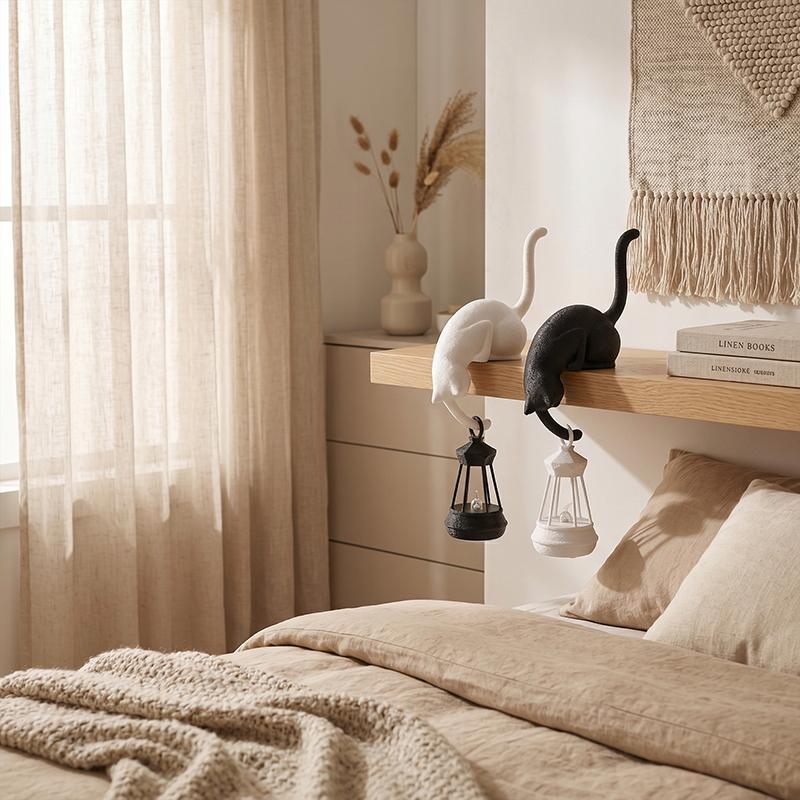Gancio Scaffale Gatto Con Lanterna Statuetta Statua Ornamento Decorazione per Casa Camera da Letto Scrivania Luce Notturna