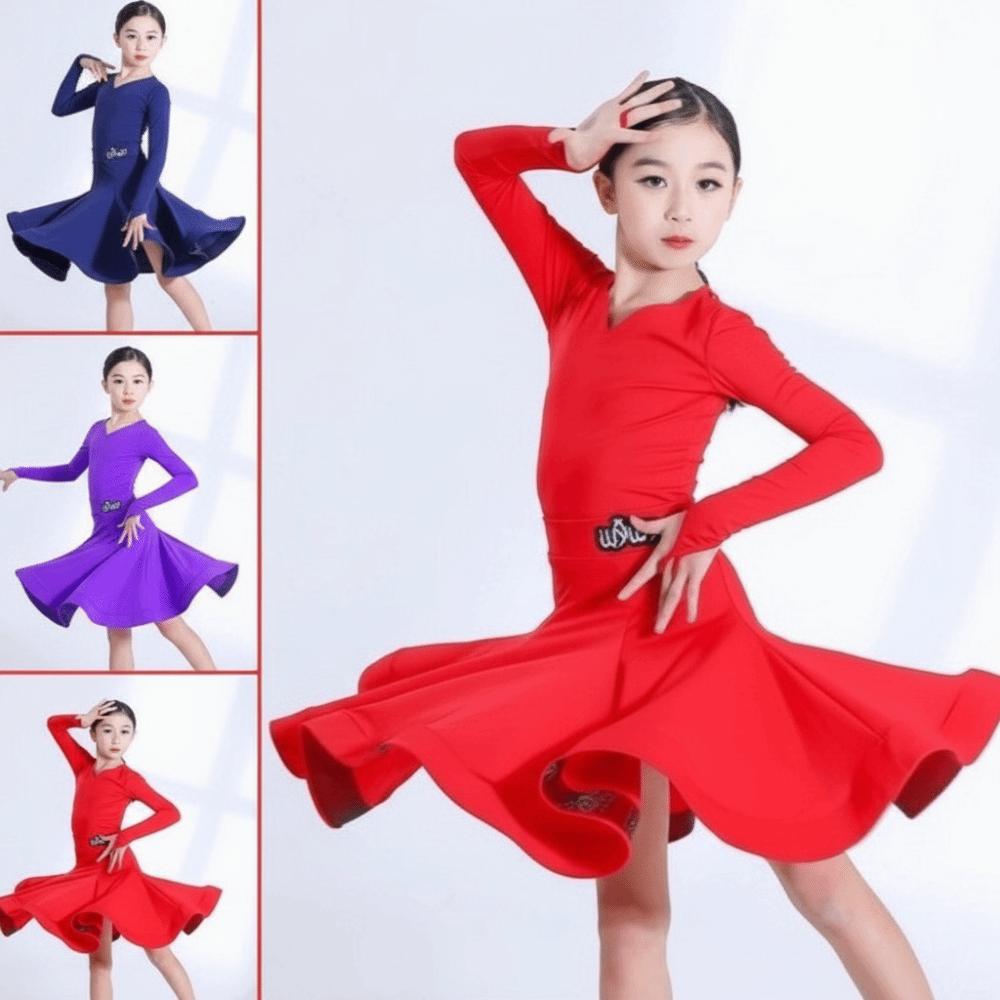 Long Sleeve Latin Dance Dress Glossy Latin Performance Costume  Competition