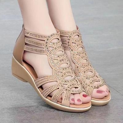 Roman Hollow Rhinestone Women's Shoes Summer Comfortable Wedge Sandals Fashion Zipper Suede Open Toe High Heels