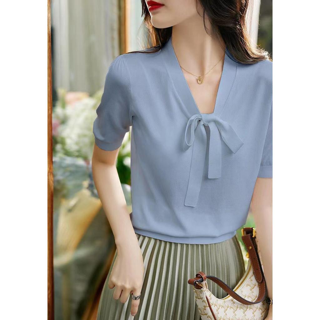 Ice Silk Short Sleeved T-shirt for Women in Summer V-neck Loose Short Sleeved Knitted T-shirt for Women