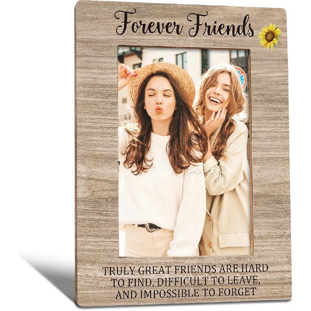 Friends Picture Frame, Best Friend Friendship Gifts for Men Women Friends, Friends Forever Sister Photo Frame 4x6, Forever Friends Sunflower Wooden