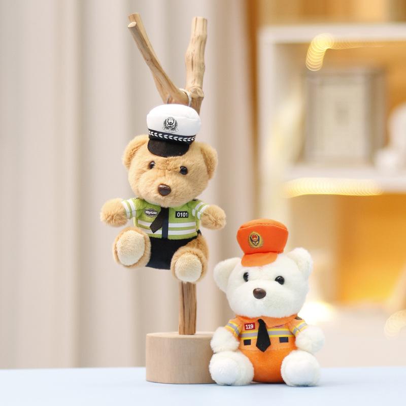 Cute Bear Toy Keychain Traffic Police Themed Bear Plush Toy Stuffed Doll Soft Plush Pendant Charm For Car Backpack Decor Gift