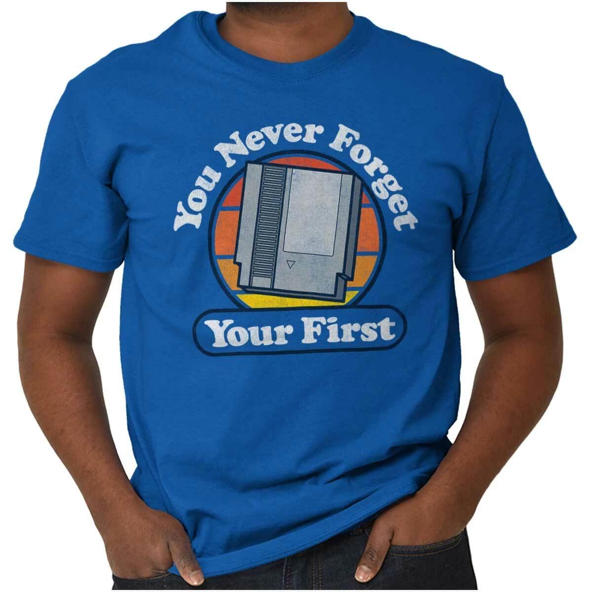 Never Forget First Retro Vintage Video Gamer Womens or Mens Crewneck T Shirt Tee L