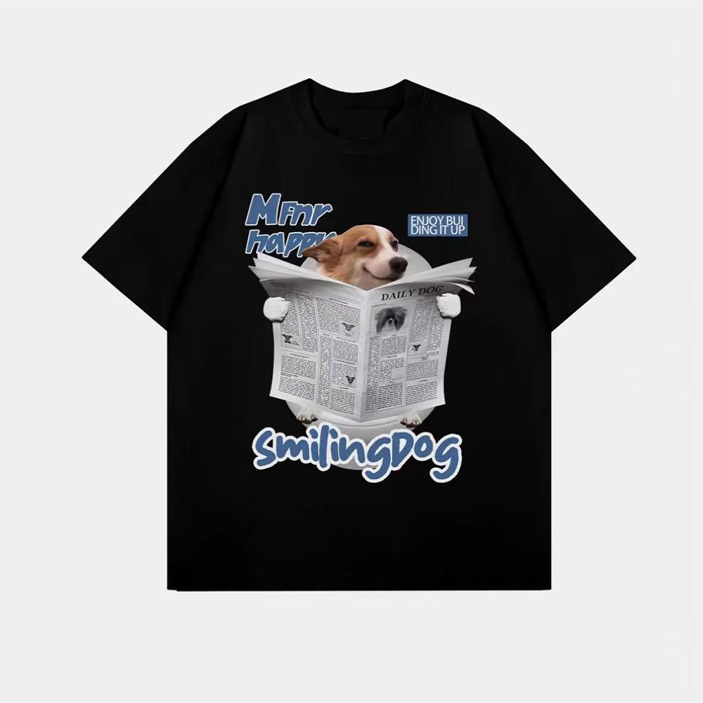 Retro Street-Style Dog-Print T-Shirt For Men And Women Made Of Cotton Featuring Loose Short Sleeves And Suitable For Summer