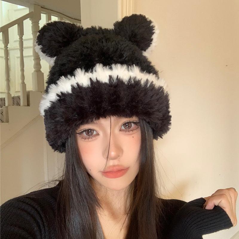 Hat female winter cute bear ears wool hat autumn and winter knitted hat big head circumference showing face small ear protection versatile