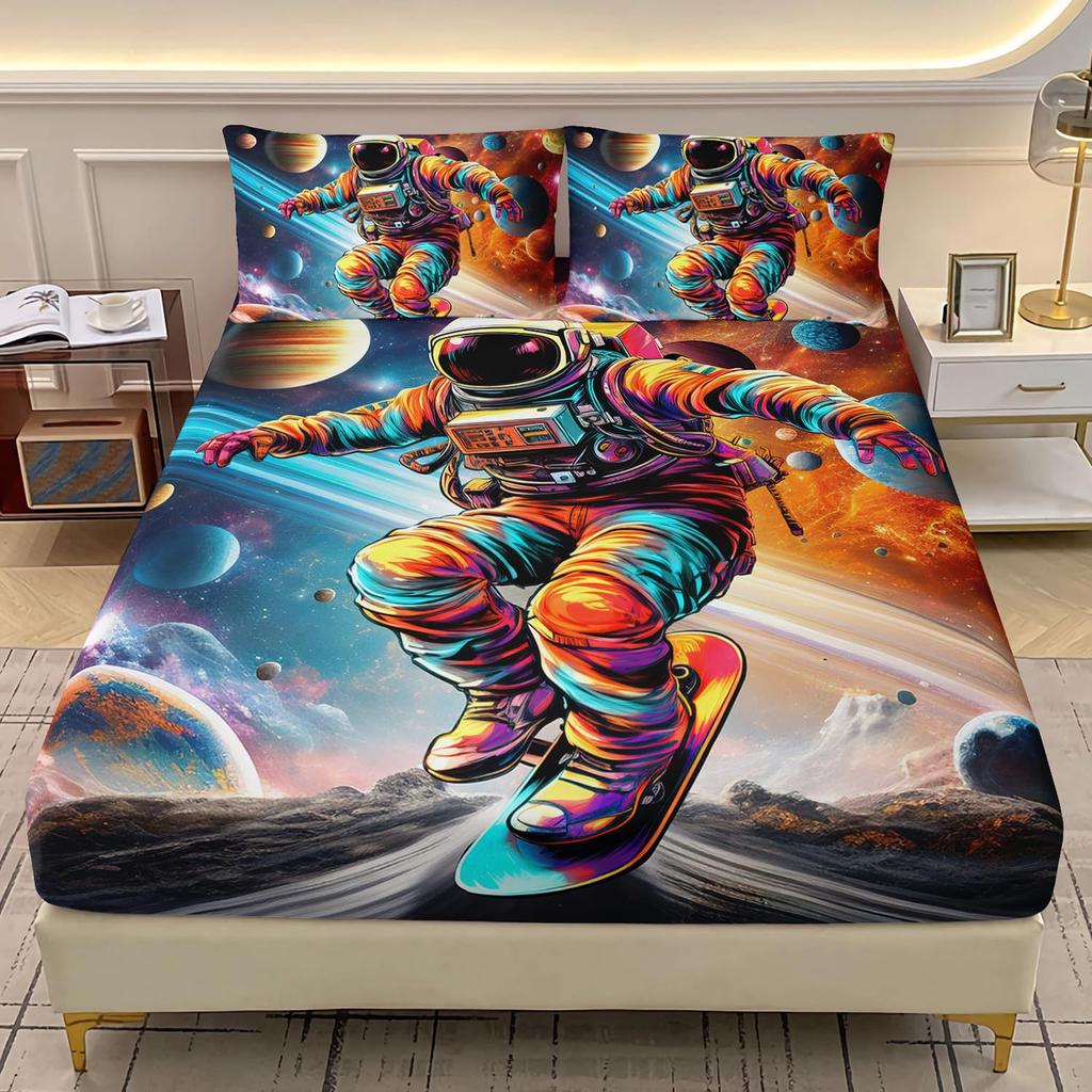 Cat Astronaut Pattern Mattress Three-Piece Digital Printing Mattress Bedding Set Adult Children