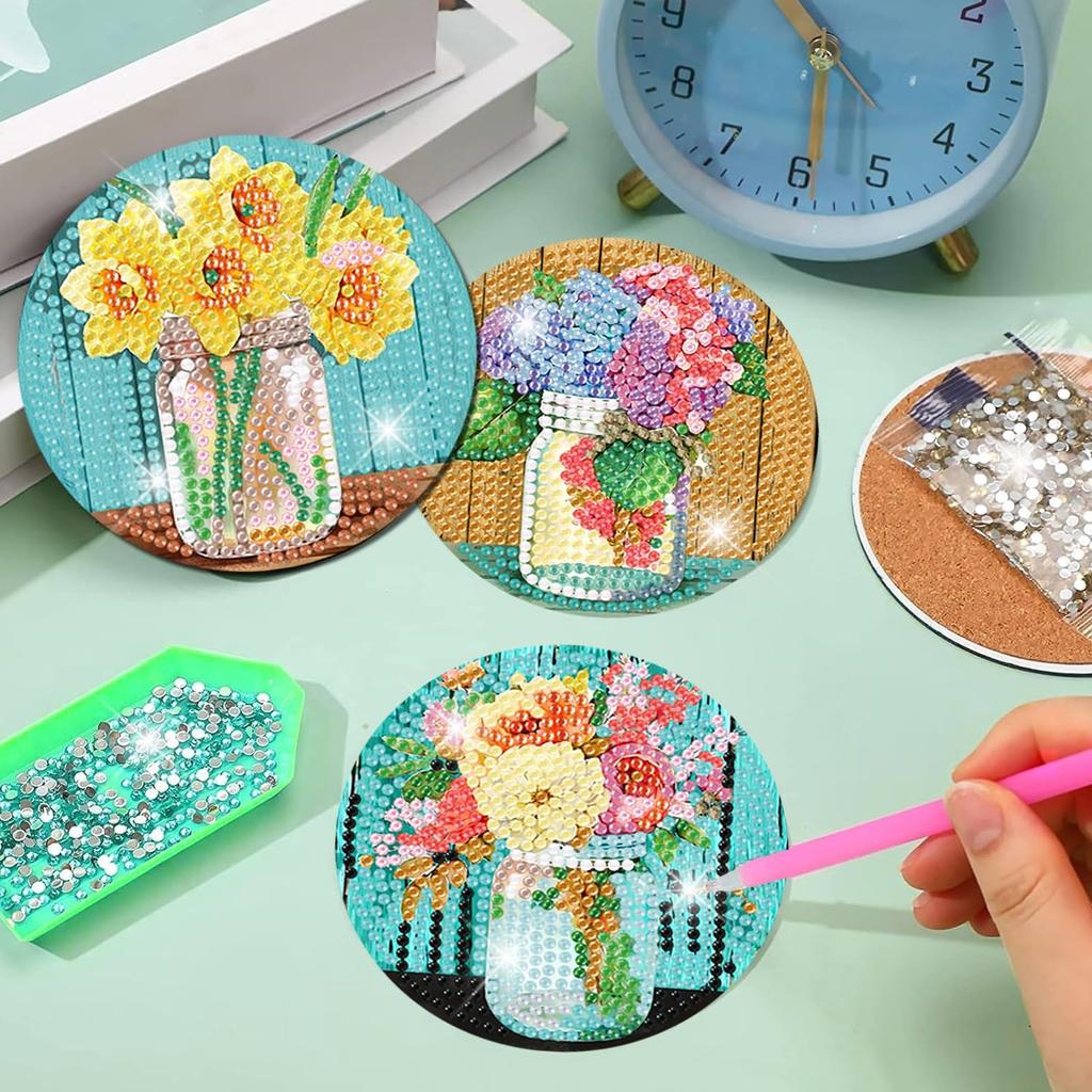 mrpwnle 8-Piece Diamond Art Coaster Kit - Flower Diamond Painting Coaster Kit with Holder, DIY Flower Diamond Art Coaster Kit for Beginners, Adults,