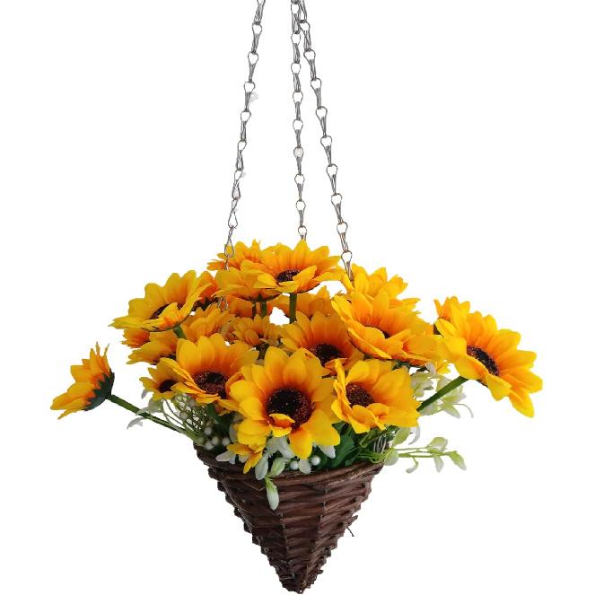 

Полностью собранная подвесная плетеная корзина-конус с мини-искусственными подсолнухами для украшения интерьера