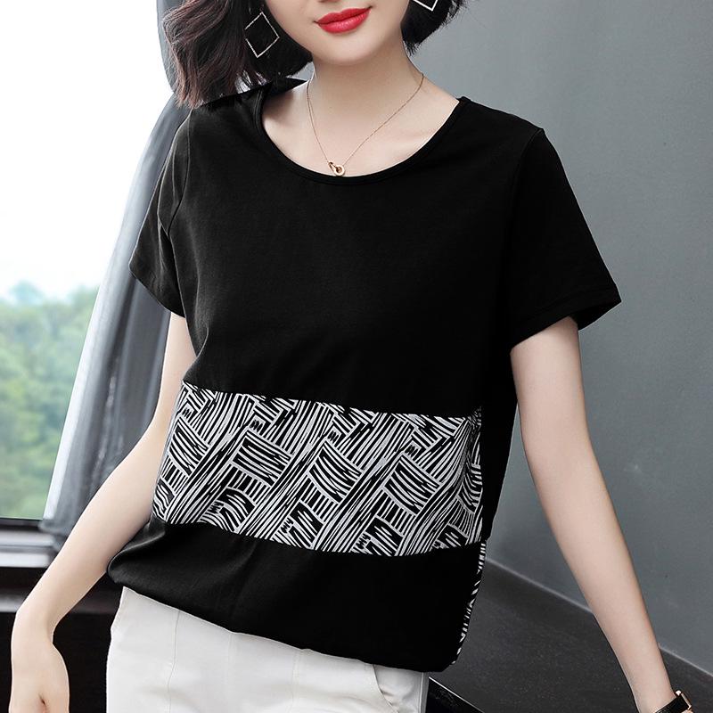 

Свободная хлопковая футболка с коротким рукавом для женщин, лето 2023 г. — большие размеры, стиль для среднего возраста XXL чёрный