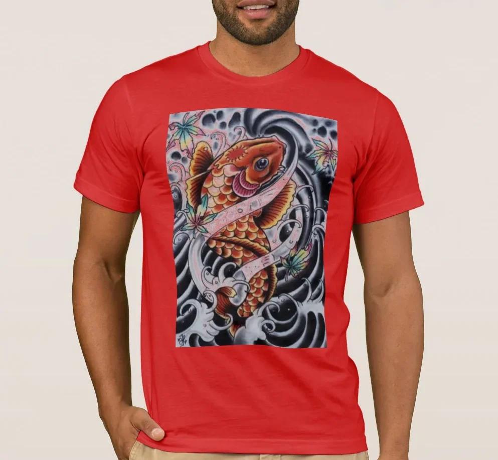 Colored KOI Tattoo Look Printed Premium TShirt Summer Cotton Short Sleeve ONeck Unisexs T Shirt New S3XL