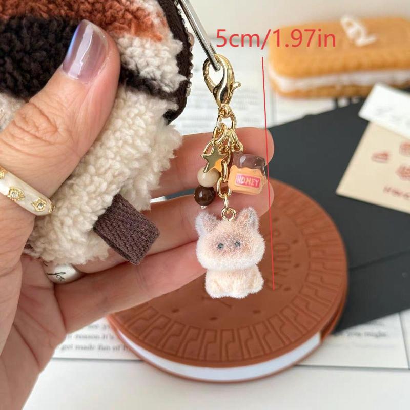 Cute Cartoon Flocked Cat Keychain Y2K Kitten Phone Lanyard Keyring Lovely Bag Pendant Camera Hanging Decoration Gifts