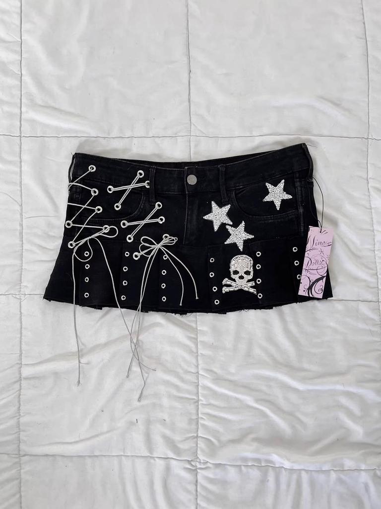 2026 Punk Streetwear Star Print Denim Collage Skirt