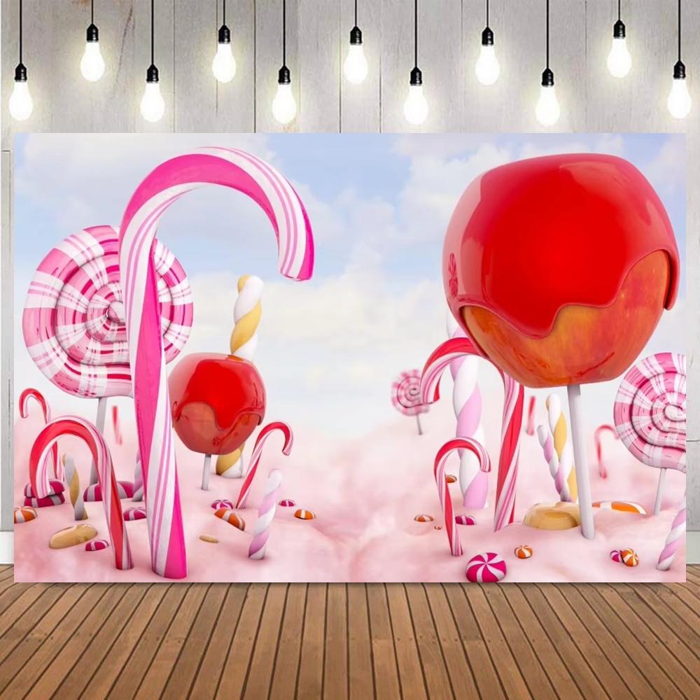 Sweet candy ground photo background, colorful lollipops, donuts, cake ice cream, children birthday party photography background