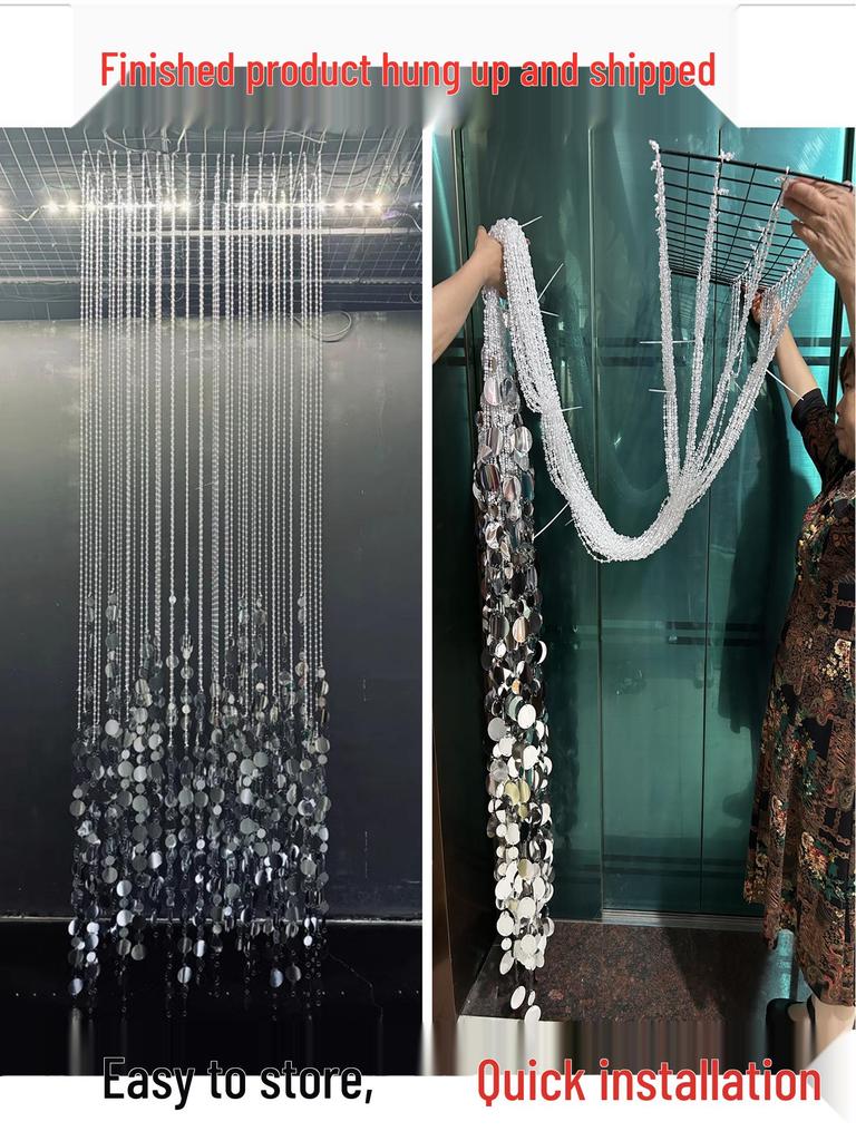 Acrylic Crystal Bead Curtain with Gold and Silver Sequin Pendants for Wedding and Banquet Hall Decor.