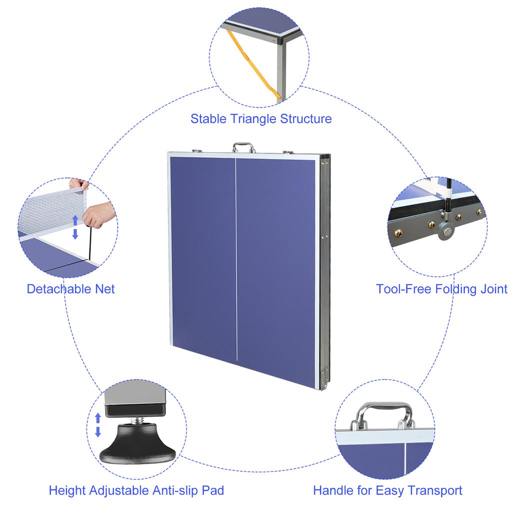 Foldable Table Tennis Table with Net and Bat Set, Suitable for Outdoor/indoor Use, Blue Surface, Includes 2 Bats and 3 Balls, Stable 6-leg Design