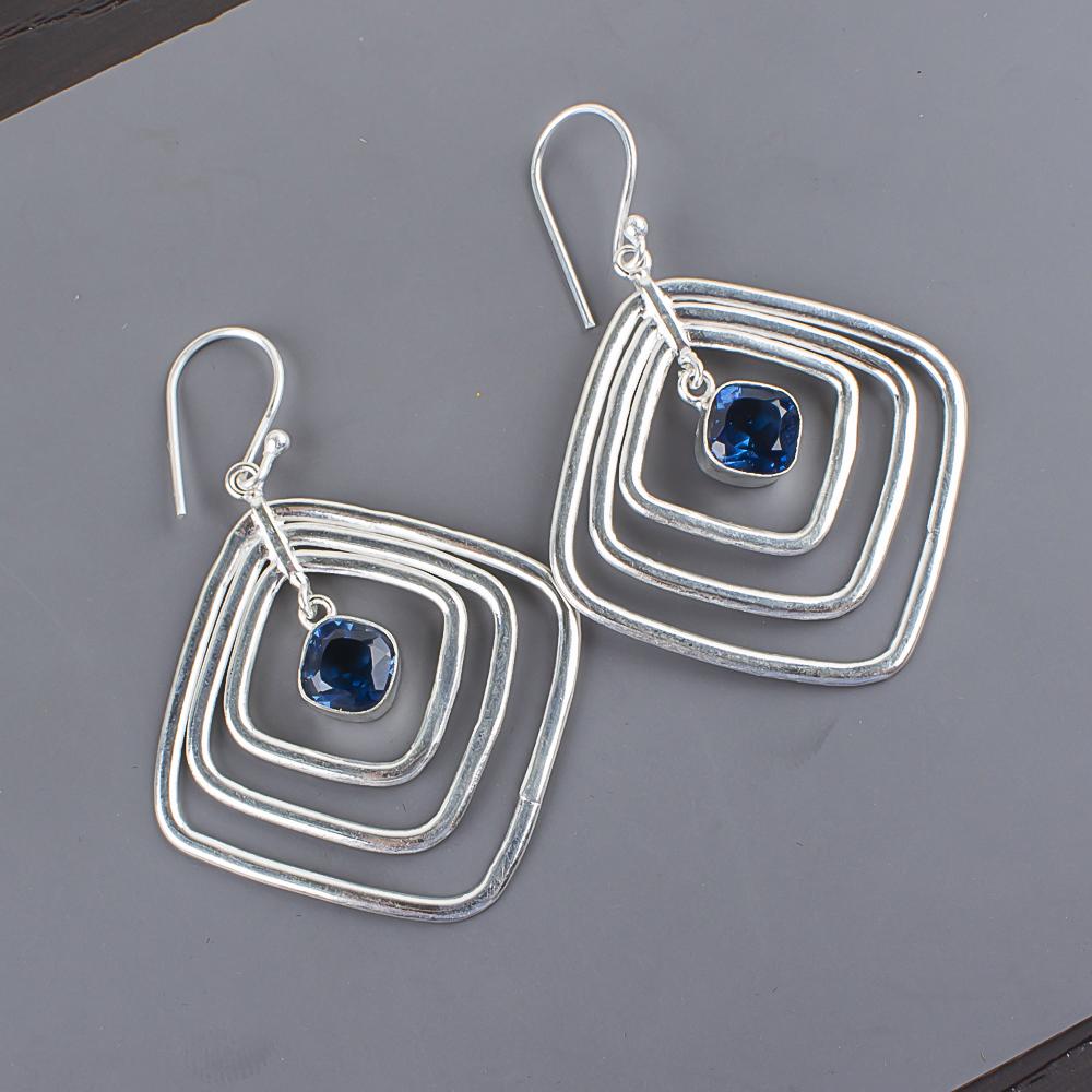 London Blue Topaz Gemstone Jewelry, 925 Solid Sterling Silver Earrings, Handmade Bohemian Earrings For Gift