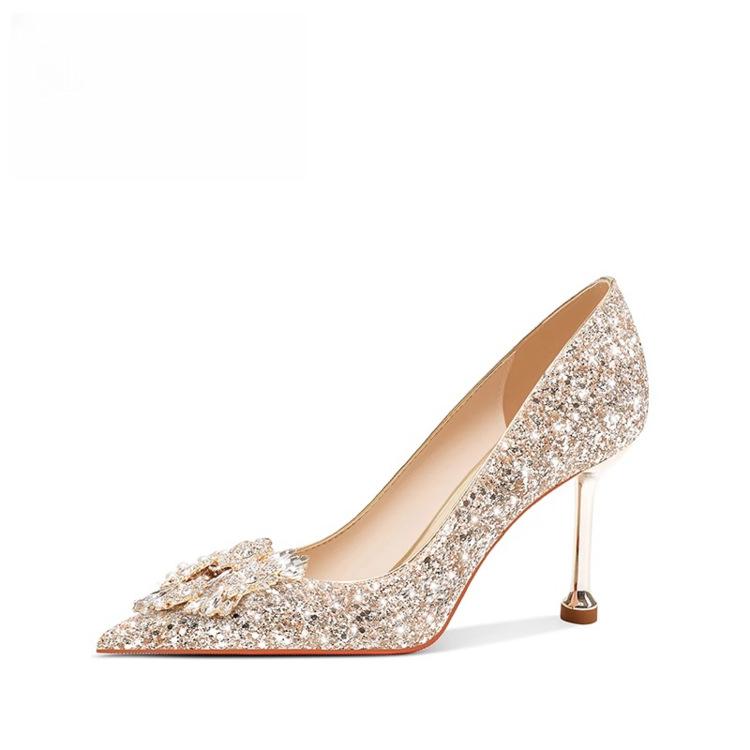 Mode Damen Schuhe Hohe Absätze Frühling Damen Pumps Pailletten Spitze Zehen Sexy Damen Hochzeitsparty Schleife Stilettoabsätze Schuhe für Damen