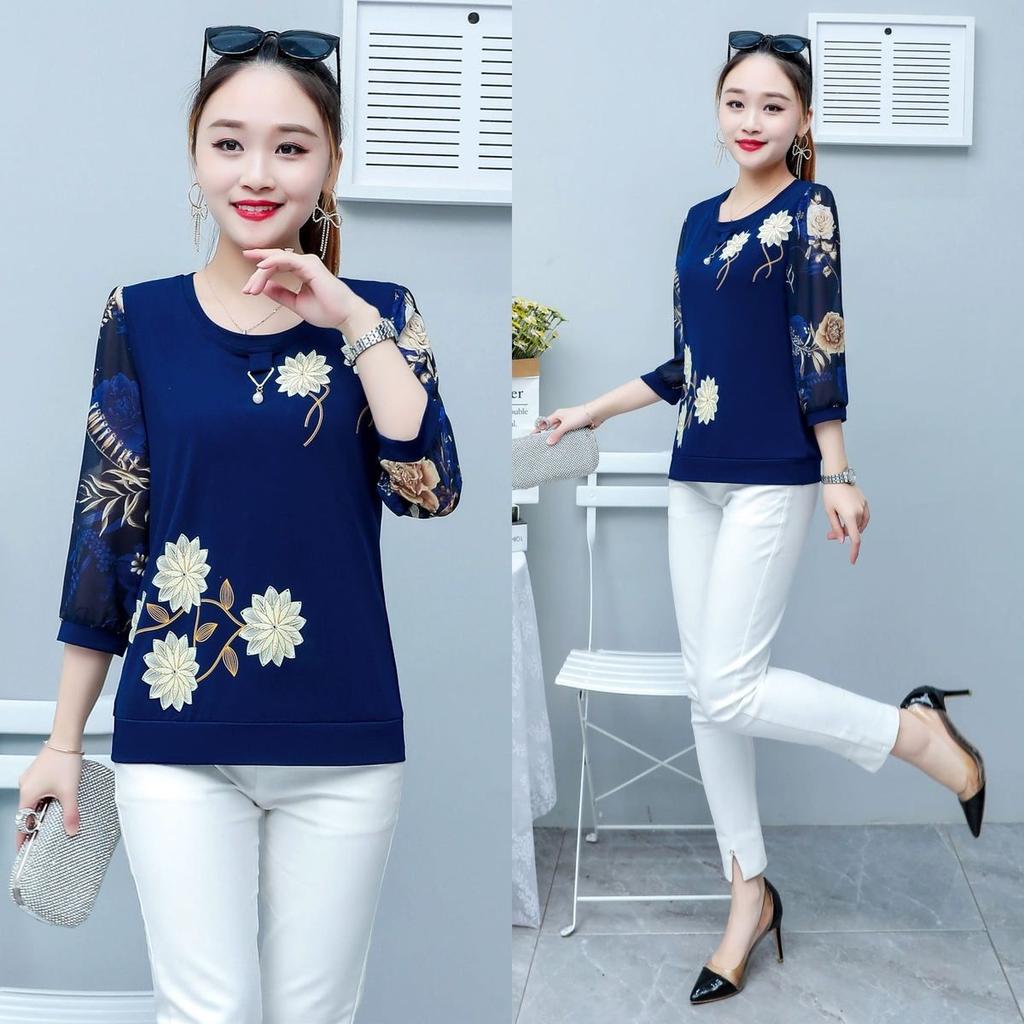 Letní nový krátký top s tříčtvrtečním rukávem Dámské tričko Volný kulatý výstřih Potisk Oblečení pro maminky M-5XL