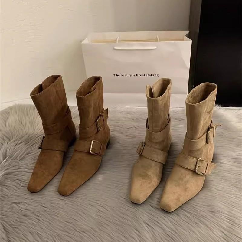 2025 Korean version of the new niche design retro French short boots small square head western boots casual medium boots women's boots