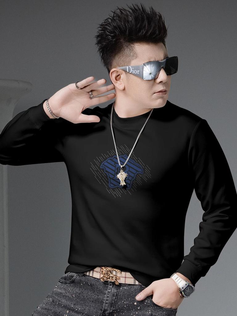 European High-End Rhinestone Printed Round-Neck Sweatshirt for Men, 2025 New Autumn Trendy Brand Long-Sleeve Top, Base Layer Shirt for Men