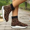 Fashion Leopard Printed Knitted Socks Sneakers for Women Breathable Casual Sports Running Shoes Woman Fashion High Top Slip-On Sneakers