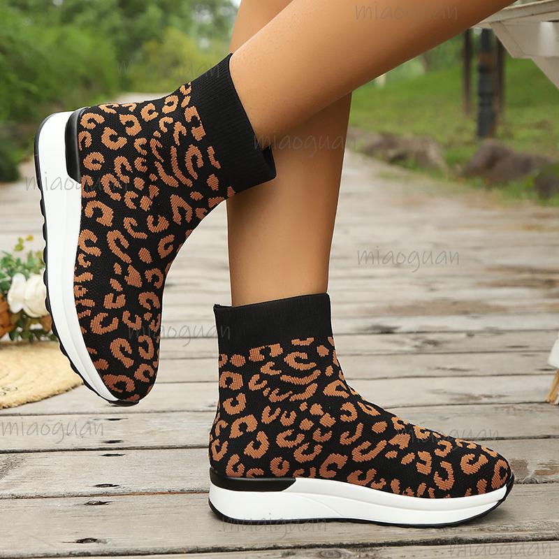 Fashion Leopard Printed Knitted Socks Sneakers for Women Breathable Casual Sports Running Shoes Woman Fashion High Top Slip-On Sneakers