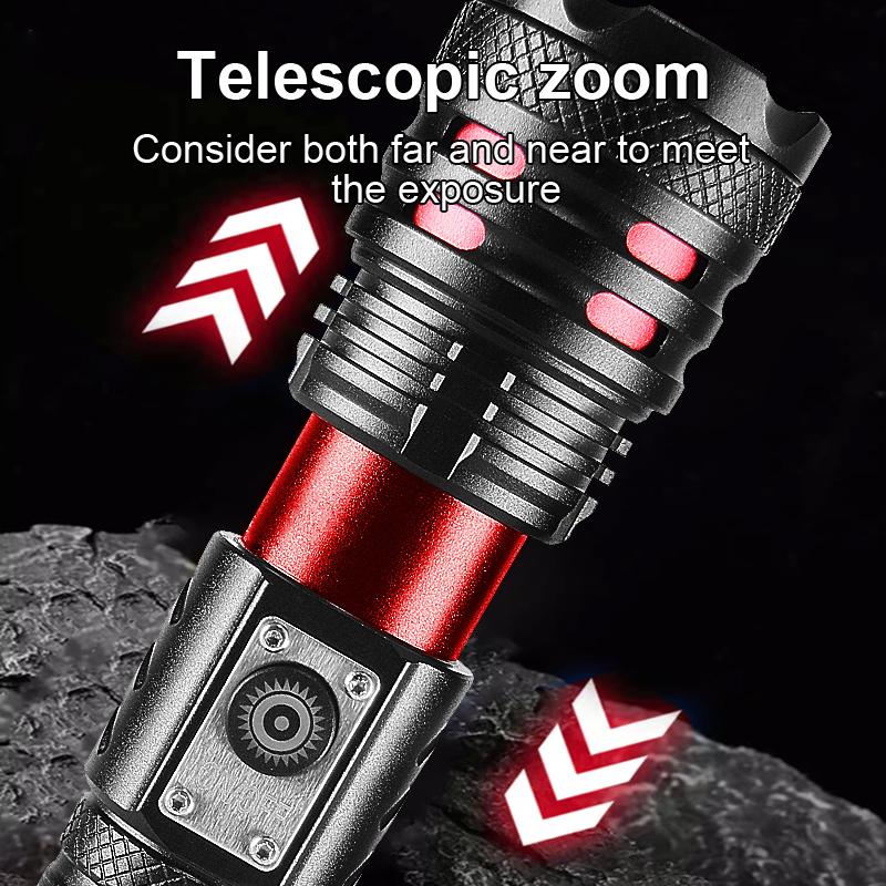 High Power XHP70 Flashlight Rechargeable LED Torch Telescopic Zoom Light For Camping Waterproof Lamp