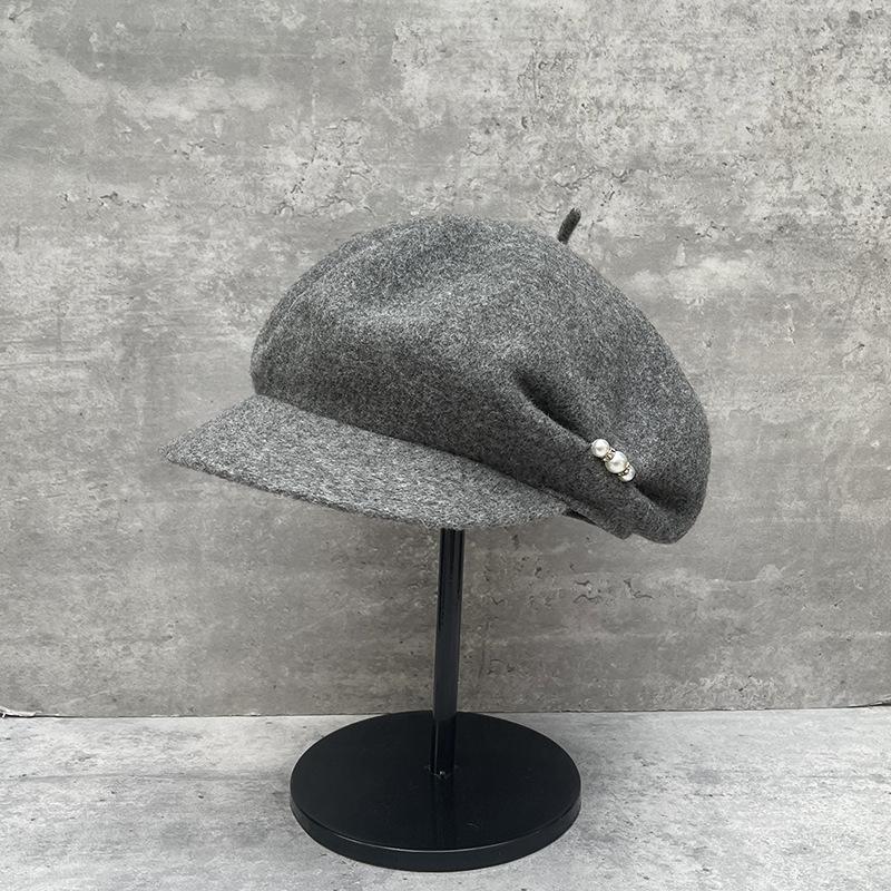 

Newsboy Hat Women S Wool Warm Pile Octagonal Hat Pearl Rhinestone Pleated Beret M（56-58cm） хізер сірий колір