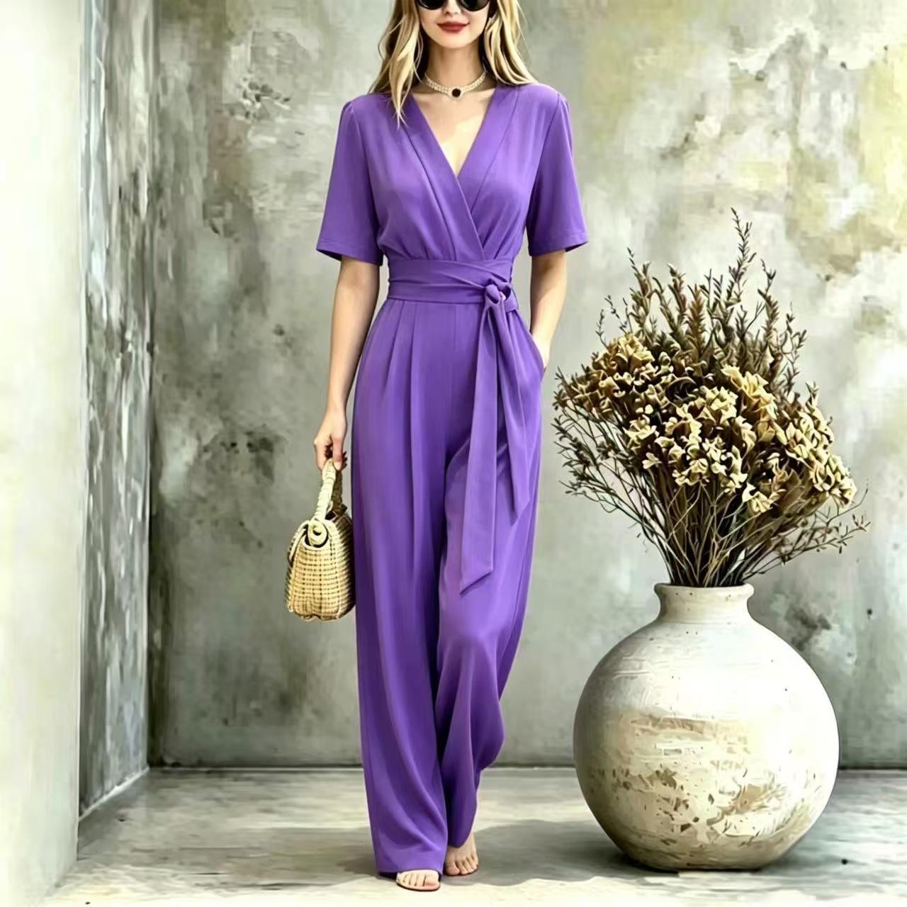 2026 summer new fashion temperament drape wide leg temperament V-neck solid color women s jumpsuit S фиолетовый