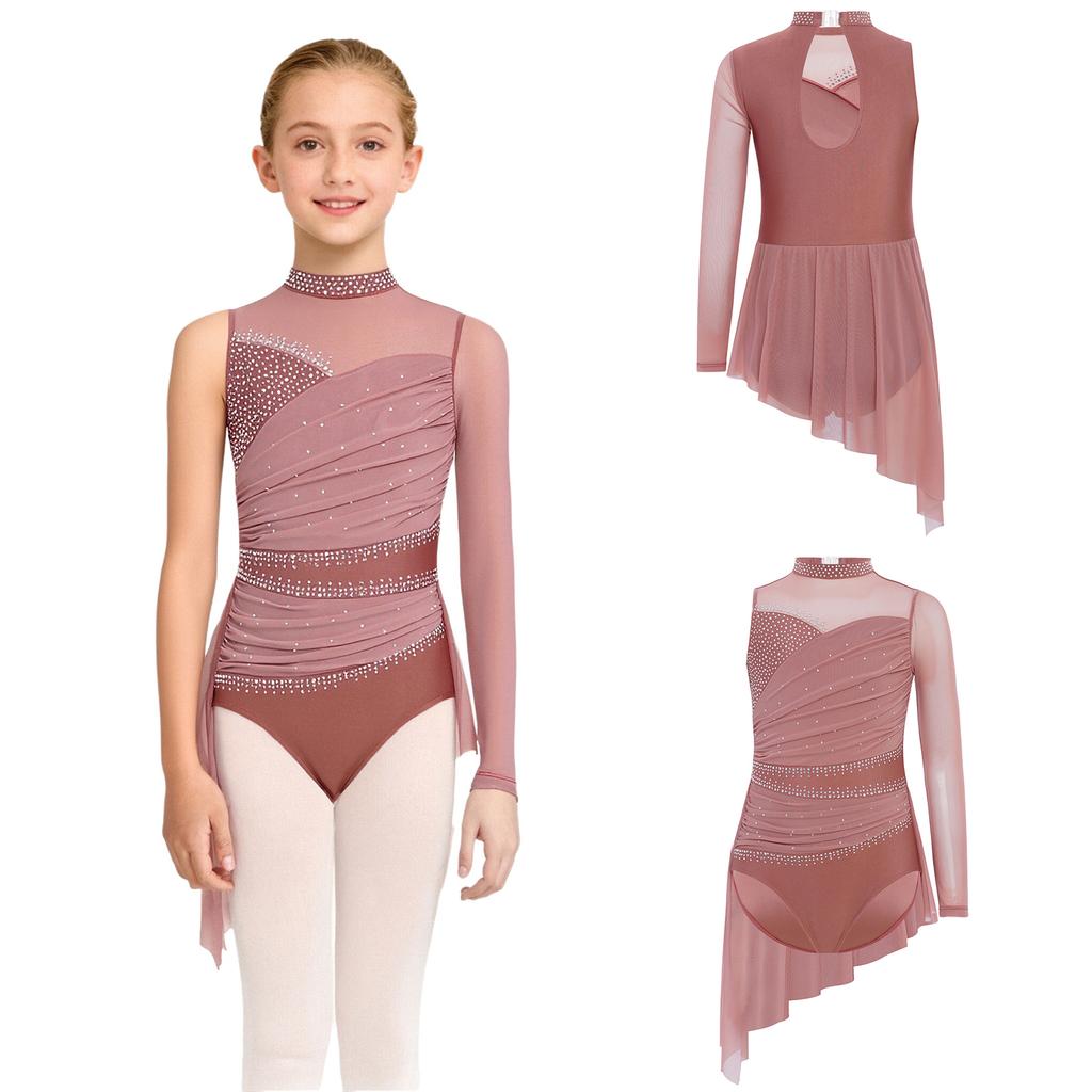 Dziewczęca sukienka do tańca lirycznego Kostium do łyżwiarstwa figurowego Błyszczące cyrkonie Marszczenie Siateczkowa nakładka Asymetryczna spódnica Body