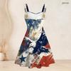 Women Plus Size Square Neck Sleeveless Strappy Dress American Eagle Flag Printed Fitted Waist Flared Hem
