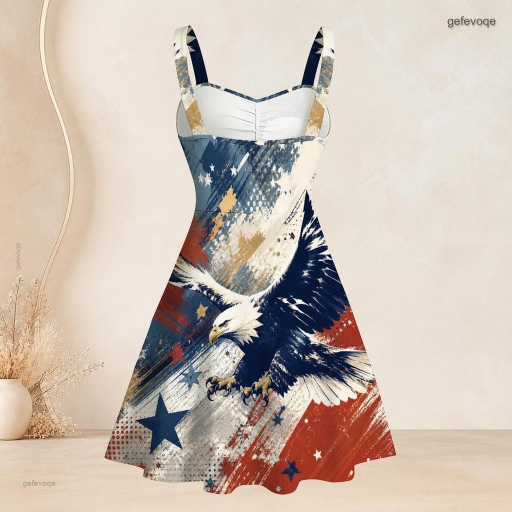 Women Plus Size Square Neck Sleeveless Strappy Dress American Eagle Flag Printed Fitted Waist Flared Hem