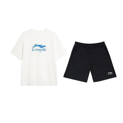 Li Ning Logo Buchstaben-Print Mode Persönlichkeitsdesign Vielseitiger Rundhals-Pullover Kurzarm-T-Shirt Lässiger Sportanzug AHSVD57-2+YKSV147-2
