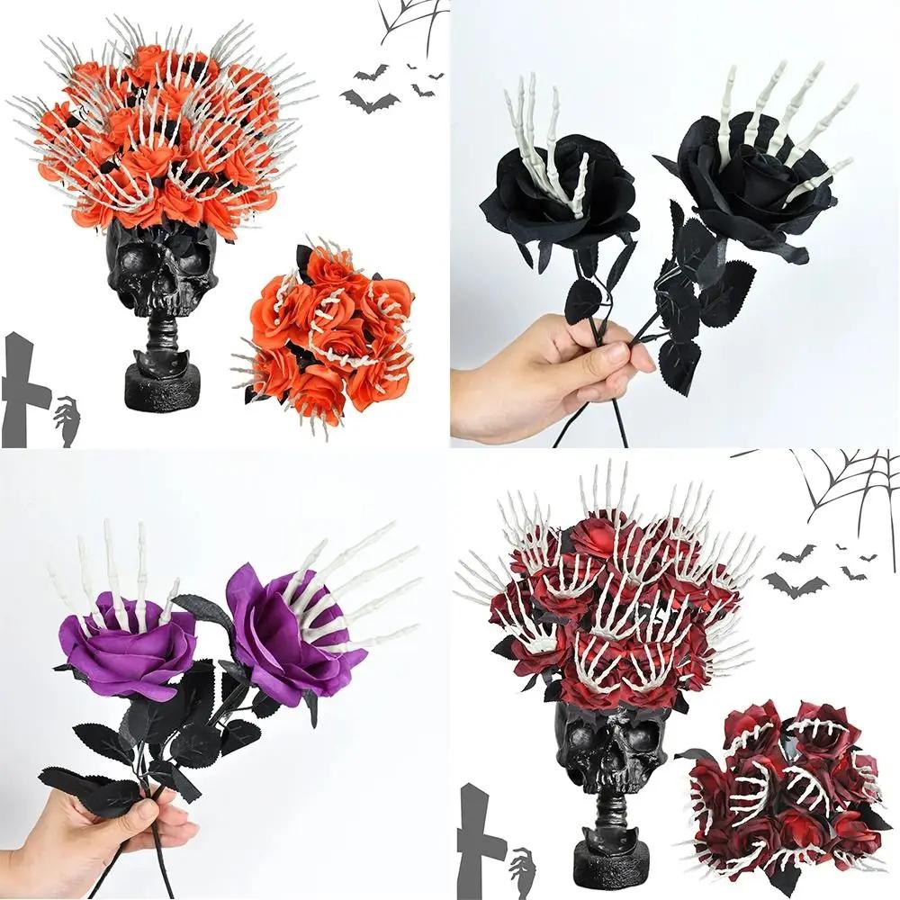 with Skeleton Hands Halloween Flowers Realistic Simulation Decorative Floral Bouquet Plastic Artificial Roses Gothic Fake Flower
