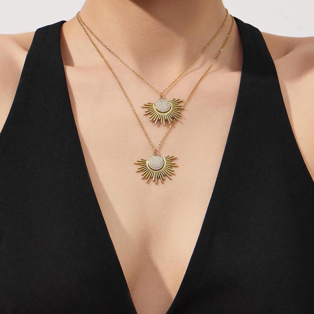 5A Zircon Sun Pendant Necklace, 18k Gold-Plated Stainless Steel