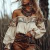 Off-Shoulder-Bluse mit buntem Muster und einzigartigem Ärmeldesign