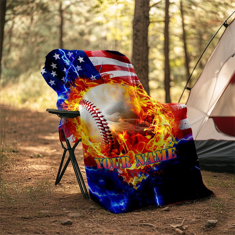 1PC Custom Name Baseball Fire outdooor Flannel blankets Patterns Throw Blanket All-Season Soft Gift for Couch, Bed, Camping gifts